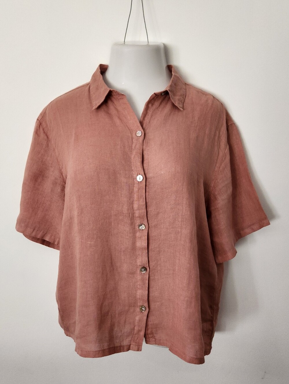 NEW Nicole Miller Linen Dusty Rose Short Sleeve Button Blouse Lg
